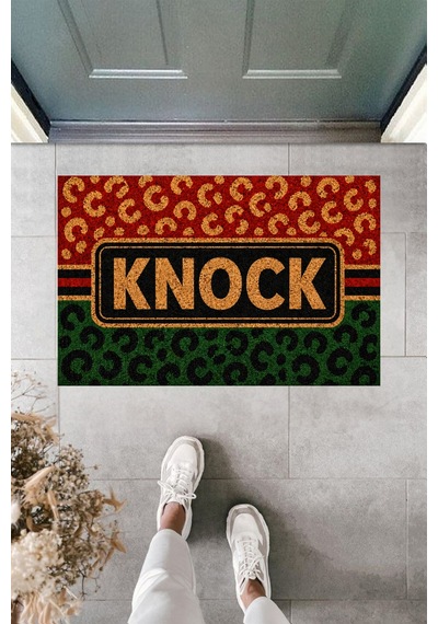Rugmood Modern Dijital Baskı Knock Yazılı Kapı Önü Paspası 70x45 Cm Kapı Önü Paspası Kırmızı