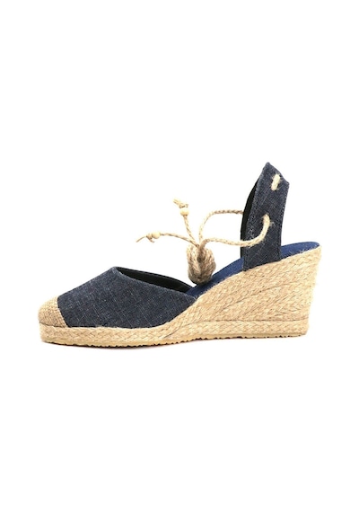 Star Tombis Gerçek Elişi Topuğu Açık Bilekten Bağlamalı Bej Dolgu Topuk Keten Hasır Espadril Handmade Mavi