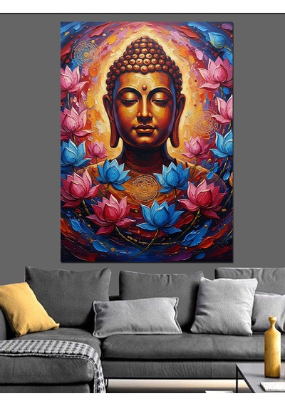 Ahşap Tablo Renkli Lotus Çiçekleri Ve Buda Heykeli Meditasyon Işık