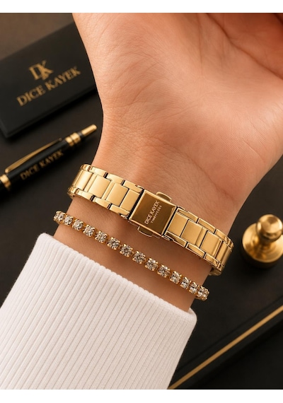 Dice Kayek Premium Vintage Kadın Kol Saati Gold Çelik Kordon 5 Atm Su Geçirmez Bileklik Hediyeli G25 Sarı