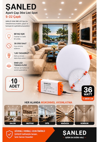 36w Ayarlı Çap Tasarruflu Led Yuvarlak Beyaz Işık Sıva Altı Slim Spot Aydınlatma Armatürü-10 Adet