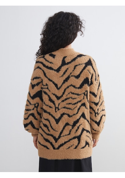 Lcw Modest Kahverengi Dik Yaka Leopar Desenli Kadın Triko Tunik