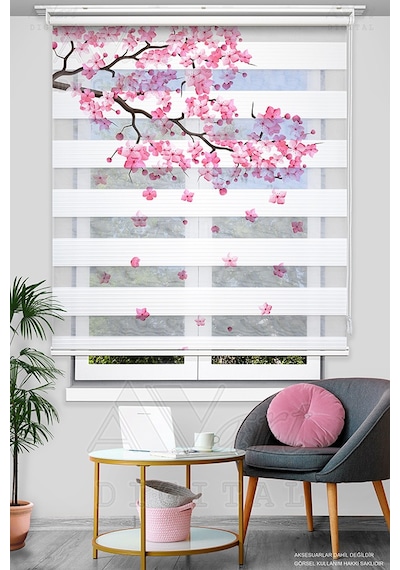 Japon Kiraz Çiçeği Desenli Dijital Baskılı Zebra Stor Perde - Genç Odası - Mutfak Perdesi - Blossom Çok Renkli