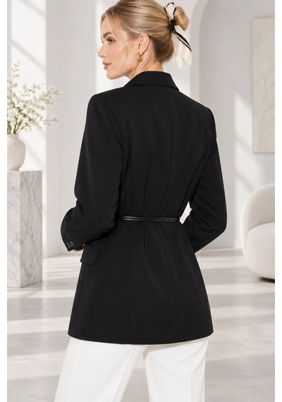 Mevese Kadın Astarlı Garni Kol Detaylı Kemerli Blazer Ceket - Kuşaklı Şık Ceket - Siyah