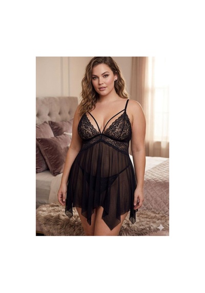 Loveria Büyük Beden Dantel Detaylı Tül Siyah Babydoll Siyah Siyah