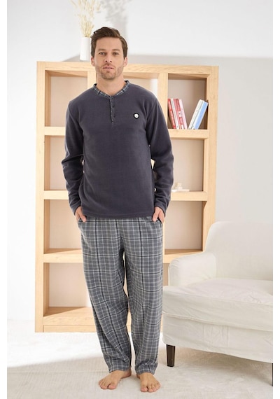 Pijamoni Erkek Düğme Yaka Kışlık Polar Pijama Takımı 6100/14,1 - 1 Adet Füme