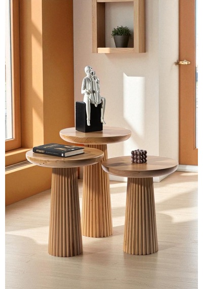 Simillo Wood Wooden 3 Lü Set Fitilli Mantar Yan Sehpa Modern Koyu Ceviz Renkli Fiskos Ahşap
