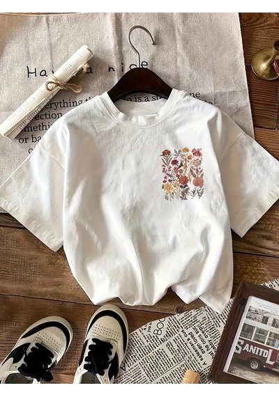 Flovers Baskılı Tasarım Tshirt Beyaz