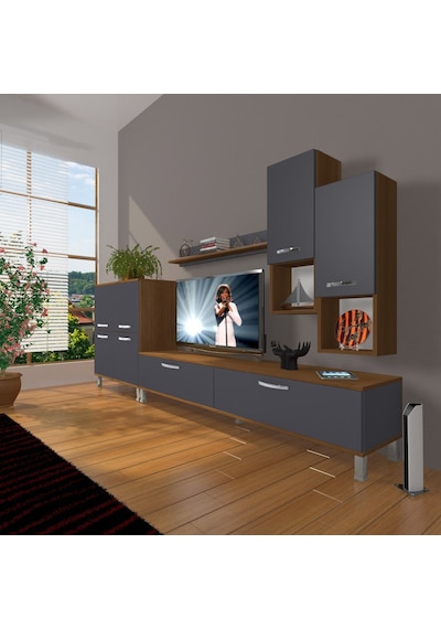 Decoraktiv Eko 6da Mdf Std Krom Ayaklı Tv Ünitesi Tv Sehpası Ceviz - Antrasit