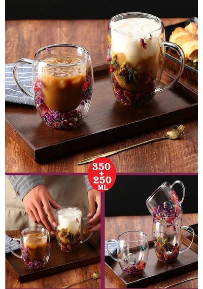 2'li Flower Cup Çift Cidarlı Çiçekli Bardak Sunum Bardağı Set El Yapımı Borosilikat 250 Ml 350 Ml