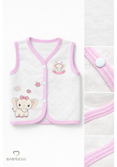 Babyden's 2 Li Kız Bebek Yelek Seti ,jakarlı Kalp Desenli,pamuklu,çıtçıtlı Bebek Yeleği Fil Baskılı,mevsimlik Ekru - Pembe