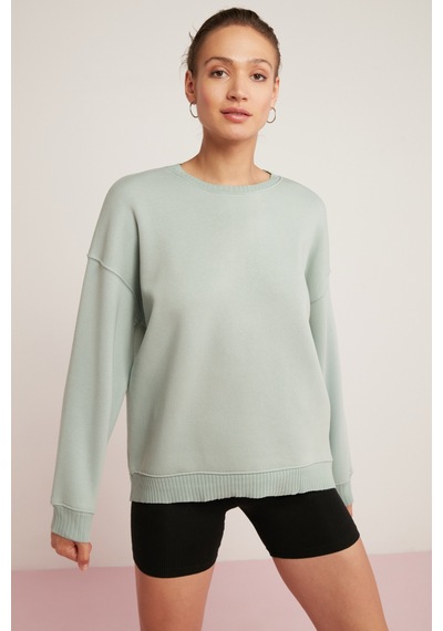ETHIQUET BRENDA Kadın Içi Polarlı Yumuşacık Yuvarlak Yaka Kaşkorse Detaylı Oversize Fit Mint Yeşil Sweatshirt