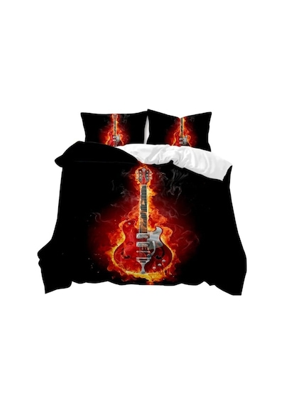 Gitar Çift Kişilik Nevresim Takımı Pamuk Saten King Sıze Alev Kırmızısı