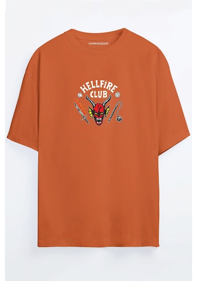 Hellfire Club Baskılı Unisex Siyah - Turuncu - Bej Oversize T-shirt Turuncu