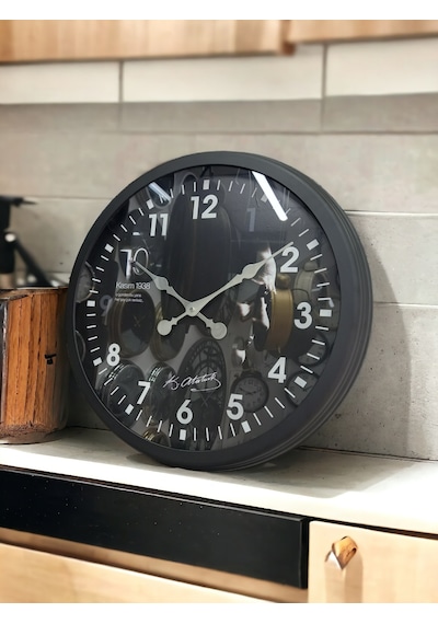 Siyah Metal Çerçeveli Atatürk Duvar Salon Ofis Saati Çap 60 Cm Siyah