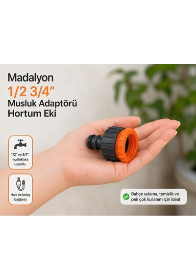 Bahçe Çeşme Musluk Bağlantı Adaptörü Aparatı 1/2'' - 3/4'' Musluk Adaptörü Hortum Bağlantı Eki 50 X 50 X 50 Milimetre