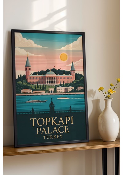 Topkapı Sarayı Tablo - Retro İstanbul Posteri - Osmanlı Mirası Duvar Dekoru - Çerçeveli İllüstrasyon Siyah