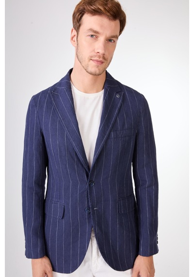 Dufy Lacivert Erkek Regular Fit Çizgili Sivri Yaka Keten Ceket - 104439 Lacivert