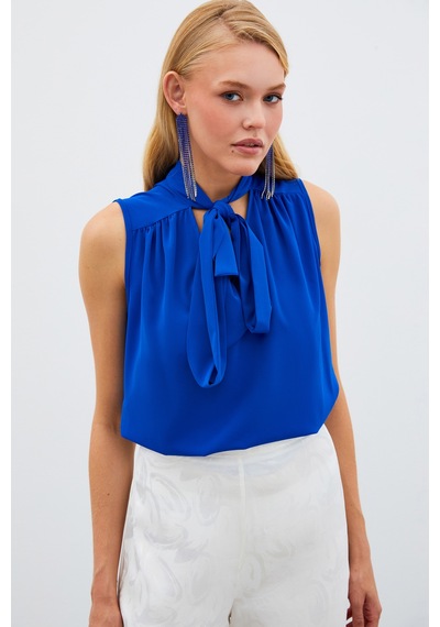 Sateen Fularlı Kolsuz Bluz - Saks Mavisi