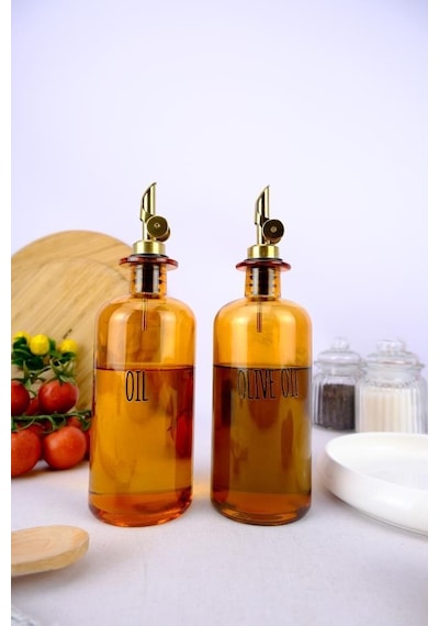 Digithome 2'li Zeytinyağı Ve Sıvıyağ Şişesi Otomatik Kapaklı Etiketli Yağdanlık Amber 500 Ml I/8 C1-1-289
