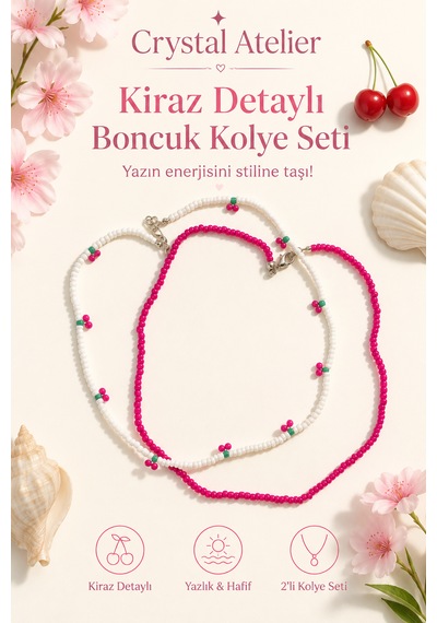Crystal Atelier 2'li Pembe Kiraz Boncuk Kolye Seti El Yapımı Kum Boncuk Beyaz Pembe İkili Choker Kombini Meyve Temalı Hediyelik Kolye Pembe - Beyaz
