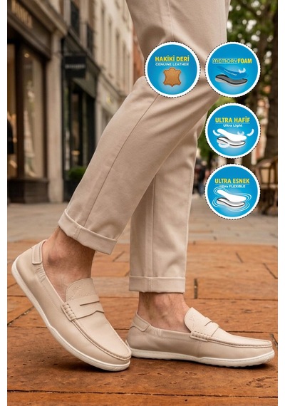 Voyager Erkek Hakiki Deri Loafer Mokasen Ayakkabı Hafızalı Taban Hafif Smart Casual Ekru M420 M