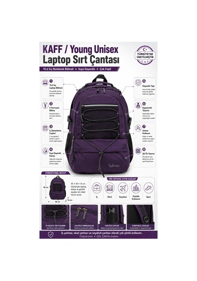 Kaff Young 51534 Purple Mor Unisex Çok Cepli Suya Dayanıklı Sırt Çantası
