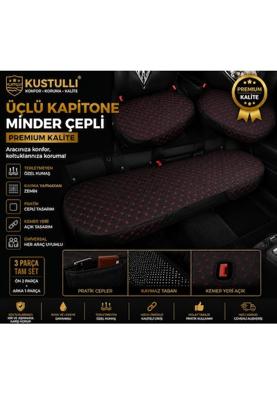 3'lü Kapitone Terletmeyen Oto Koltuk Minder Cepli Model Kırmızı 1