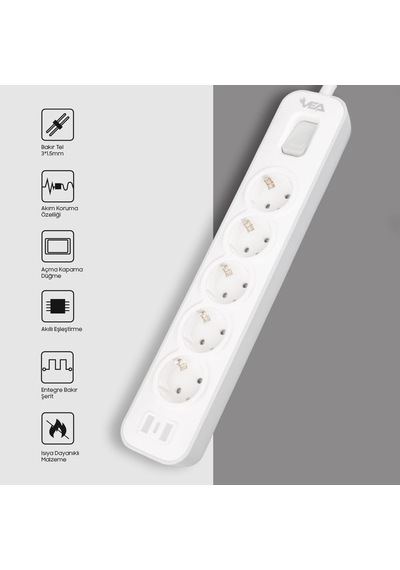 Vea Ve-nova105 A Class 5'li Anahtarlı 1.5 Metre Akım Korumalı Priz, 4000w 16a, Bakır Kablo