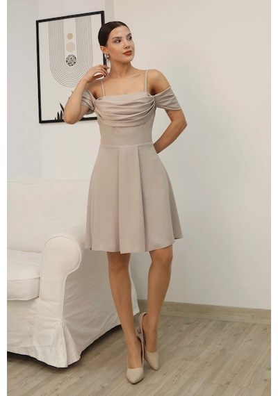 Lodmela Drape Detaylı Askılı Midi Elbise 2380-bej Bej