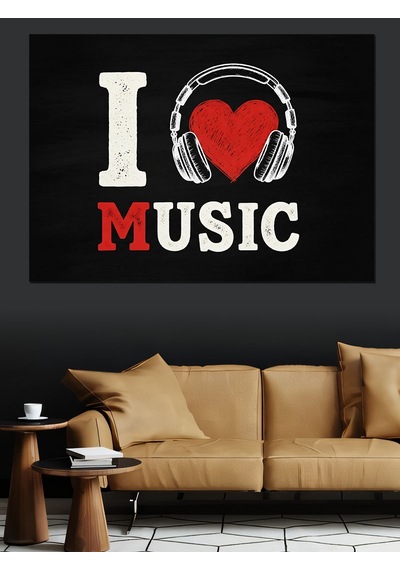 Ahşap Tablo I Love Music Kalp Kulaklık Dekoratif Tablolar