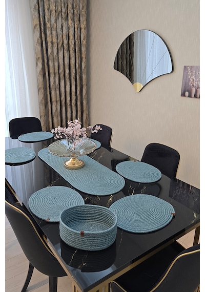 6 Lı Oval Supla 1 Runner 1 Dekoratif Ekmek Sepeti Seti Desenli Sunumluk Yemek Takımı Turkuaz