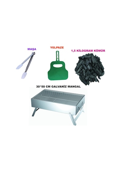 Tr 30x40 Cm Galvaniz Katlanır Mangal, Kömür, Yelpaze, Maşa Seti