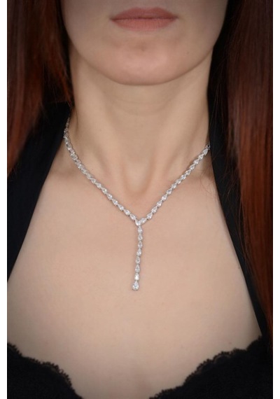 Kadın Gümüş Kolye - Açela Zirconia Taşlı Su Yolu Set • Işıklı Kutuda • Düğün • Nişan • Gelin Seti