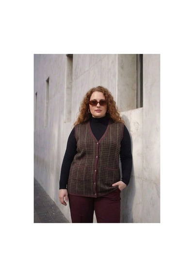 Onno Style Women Büyük Beden Kazayağı Desen Renkli Çelik Örgü Triko Kadın Yelek Bordo