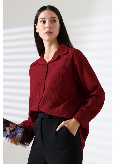 Ribana Regular Fit Uzun Kollu Durres Dokulu Kadın Gömlek Bordo