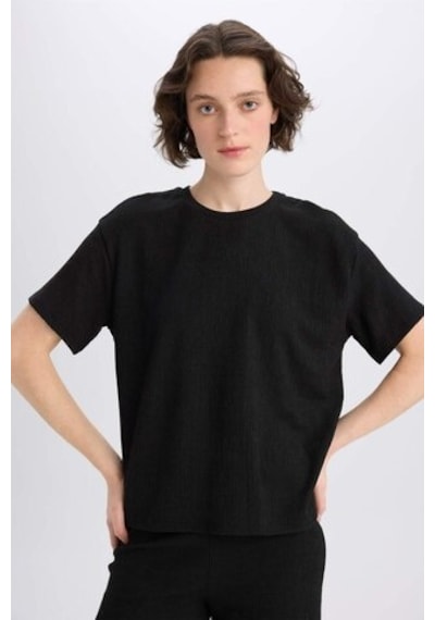 DeFacto Relax Fit Bisiklet Yaka Basic Düz Bürümcük Kısa Kollu Siyah Tişört C3843AX25SPBK81 Siyah