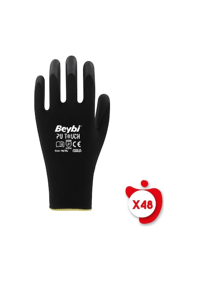 Beybi PU Touch Siyah Poliüretan Kaplı Polyester Örme Nitril İş Eldiveni 10 Beden 48 Çift