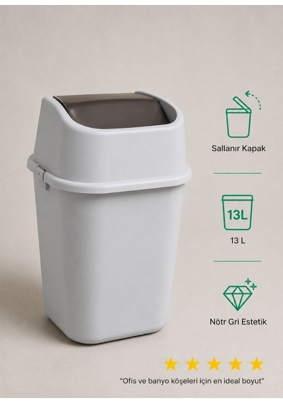 Gri Sallanır Kapaklı Atık Kovası 13 L - Profesyonel Çalışma Alanı Ve Banyo Tipi Kompakt Çöp Kutusu