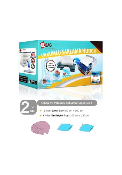 2'li Vakumlu Hurç Seti - 3 1 Ad. En Büyük Boy 1 Ad. Orta Boy Elbise, Yastık, Çift Kişilik Yorgan Şeffaf