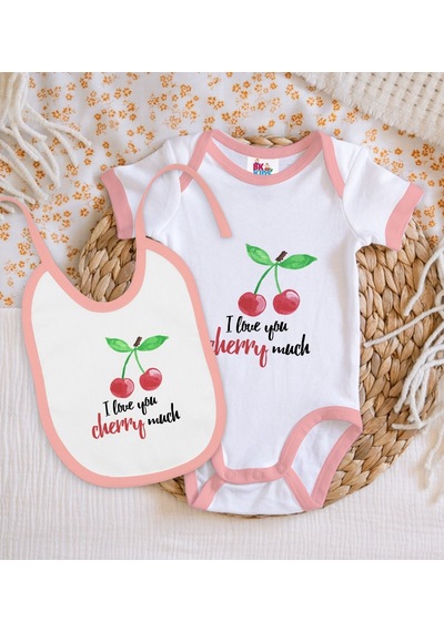 Bk Kids Cherry Much Tasarımlı Pembe Bebek Body Zıbın Ve Mama Önlü Çok Renkli