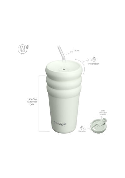 Stevig 3 Bubble Two-cap Straw Tumbler Çelik Termos 600 Mililitre Lightest Sky St-247 Çok Renkli