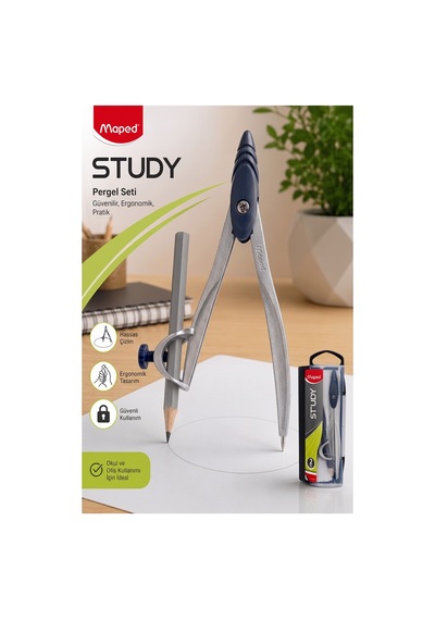 Siyah Metal Pergel Kurşun Kalemli 1 Adet Maped Study 119410 Pergel Matematik Geometri Mimari Proje Teknik Çizim