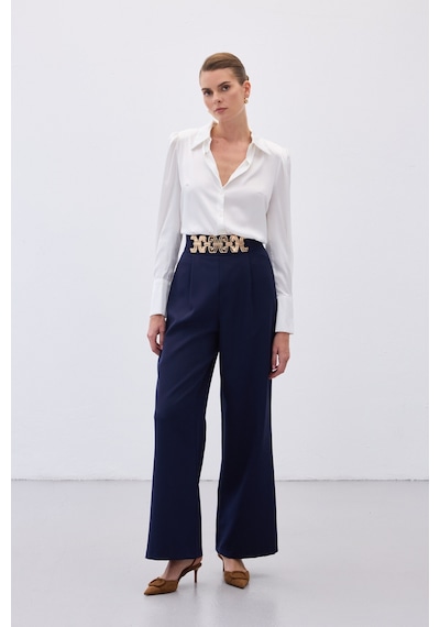 Sateen Kemerli Salaş Pantolon - Lacivert-136534 Lacivert