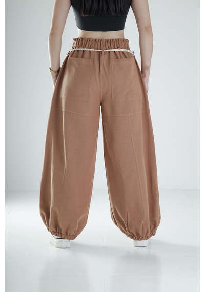 Cocopelli Tasarım Keten Kahverengi Baggy Pantolon Coc1108 Kahverengi