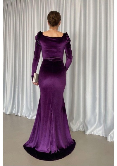 DefyModa Kadın Modern Kadife Kumaş Kare Yaka Yırtmaçlı Abiye Elbise Mor