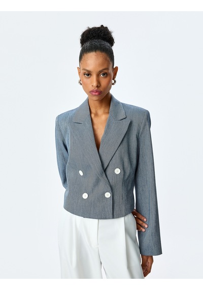 Koton Uzun Kollu Düğmeli Kruvaze Yaka Crop Blazer Ceket Lacivert 5sak50017uw Lacivert
