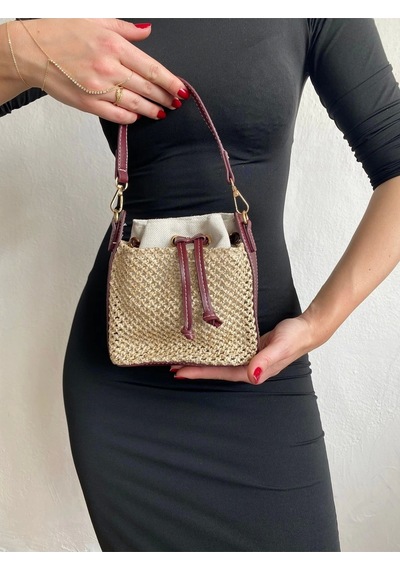 Glemix Maria Hasır Bordo Büzgü Kapama Kova Model Mini Kadın Omuz Çantası Hasır Bordo