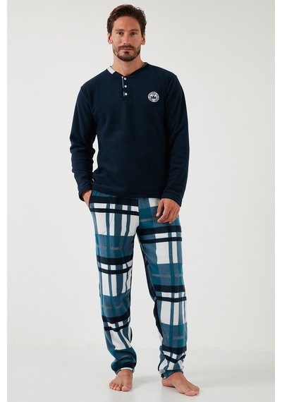 Buratti Ekoseli Regular Fit Düğmeli Bisiklet Yaka Kışlık Polar Erkek Pijama Takımı 60961008 Lacivert