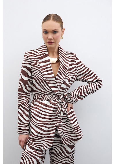 Sateen Kuşaklı Zebra Ceket - Kahve-135433 Kahve